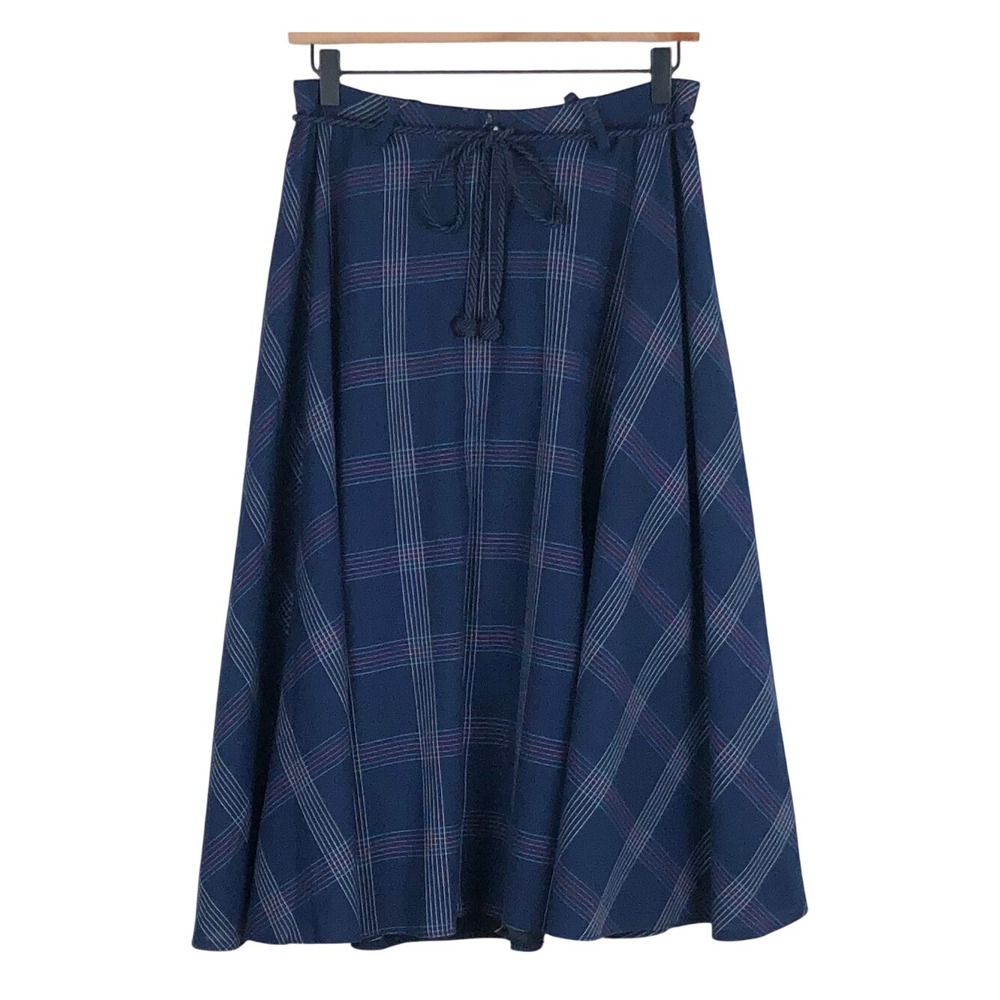 VTG Wool Plaid Midi Circle Midi Skirt w Braided Tie Belt S 8 M 29" Blue Lined